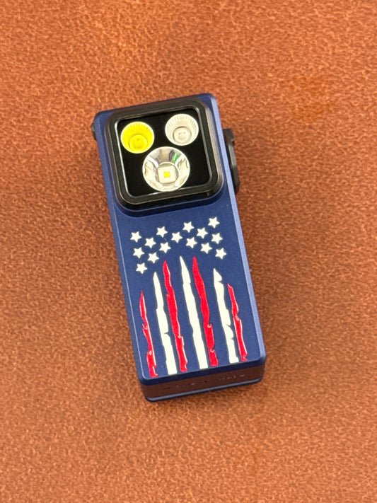 Oclip Ultra Clip-On EDC Light with Flood, Spot, and UV Modes. Red white and blue